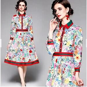 NEW Dalia Macphee Floral Pleated Fit Flare Midi 50s Dress Small Retro Rockabilly